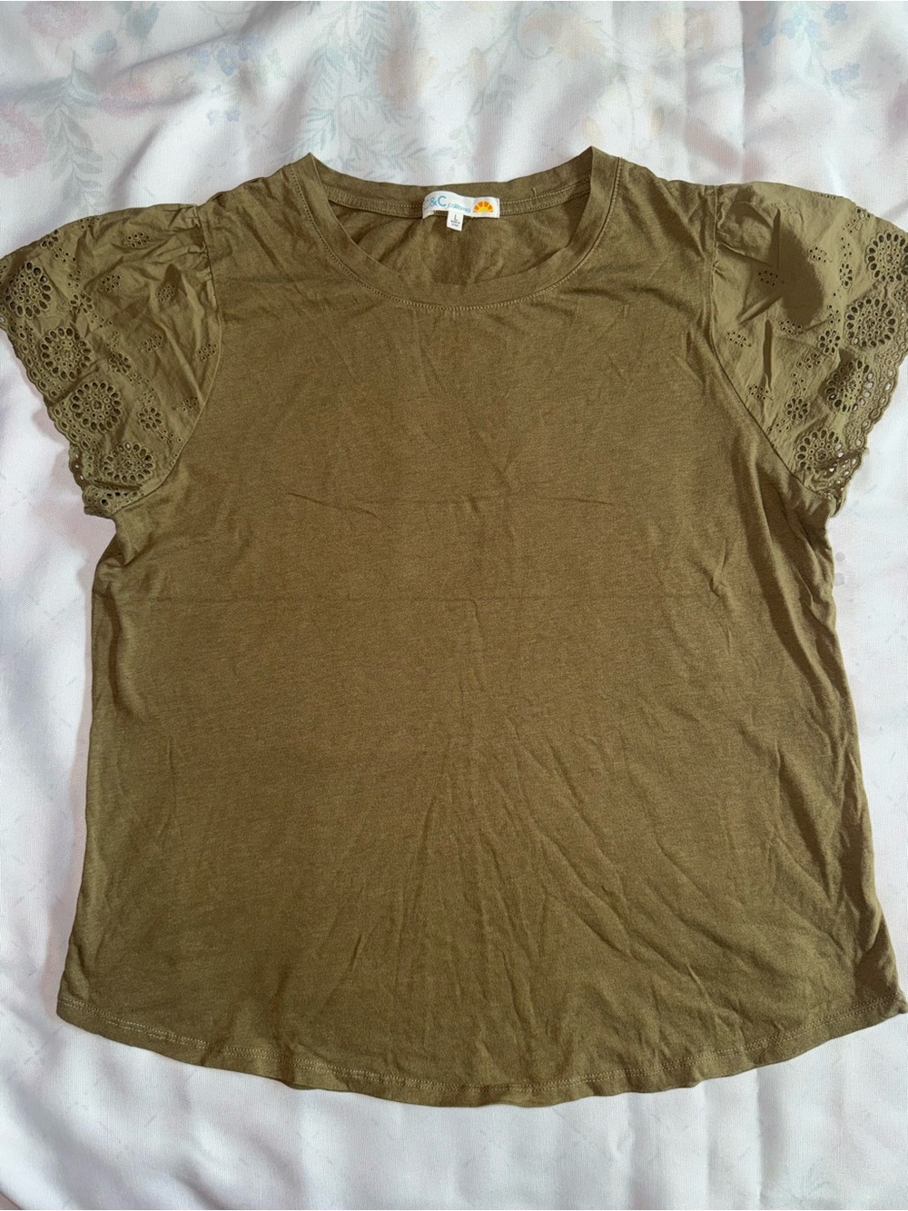 CeCe Olive Green Eyelet Sleeve Short Sleeve Top